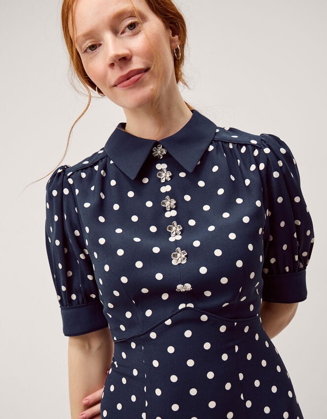 Kate Puff Sleeve Polka Dot Midi Dress, Blue (NAVY), large