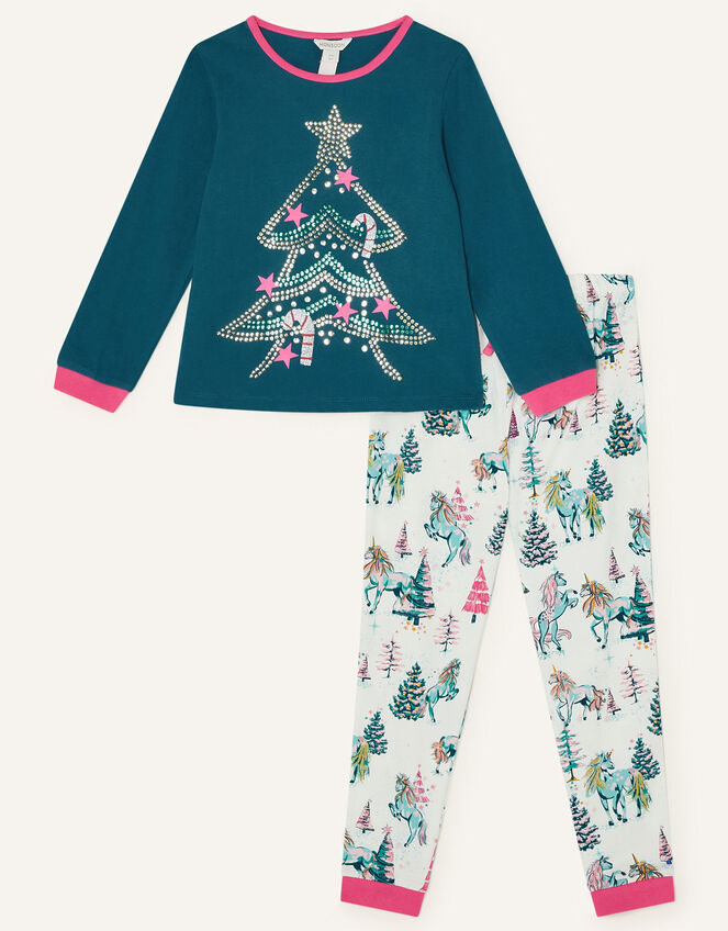 Unicorn Christmas Tree Pyjama Set , Green (GREEN), large