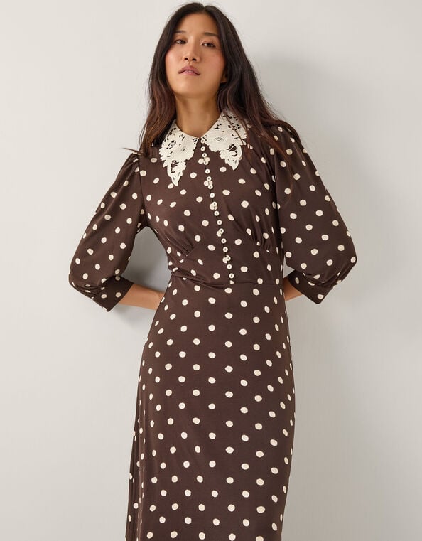 Paris Polka Dot Jersey Midi Dress, Brown (CHOCOLATE), large