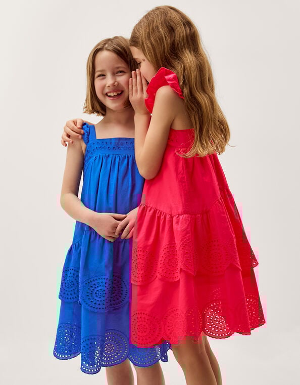 Broderie Tiered Cotton Dress, Blue (BLUE), large