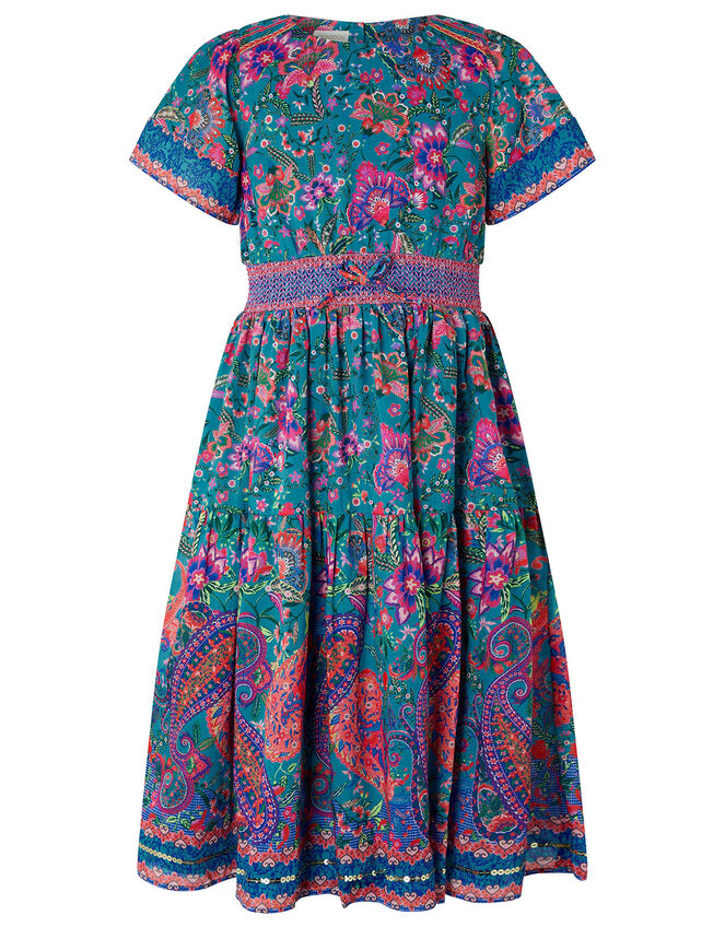 Teal Paisley Print Midi Dress, Teal (TEAL), large