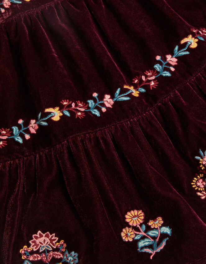 Floral Embroidered Velour Skirt, Red (BURGUNDY), large