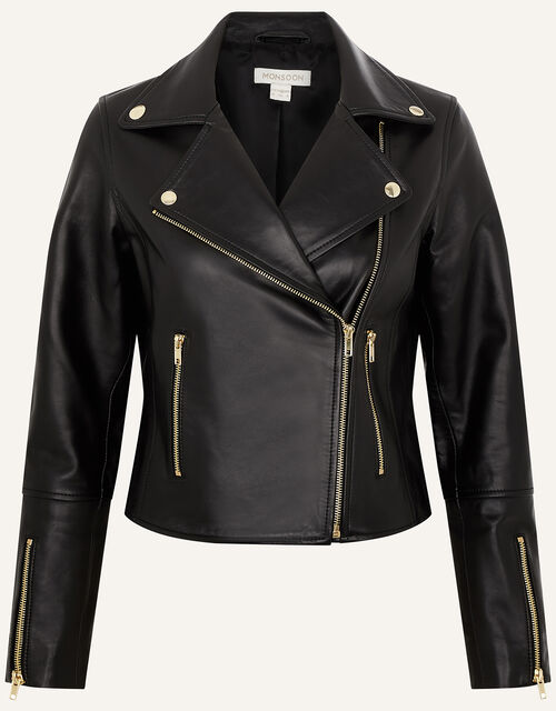 Leather Biker Jacket , Black (BLACK), large