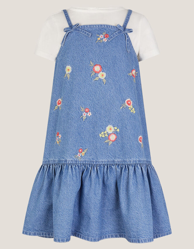 Floral Denim Dress and T-Shirt Set, Blue (BLUE), large