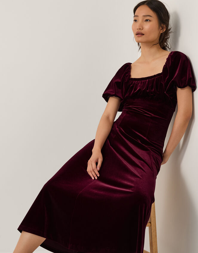 Cynthia Puff Sleeve Velvet Midi Dress, Red (BURGUNDY), large