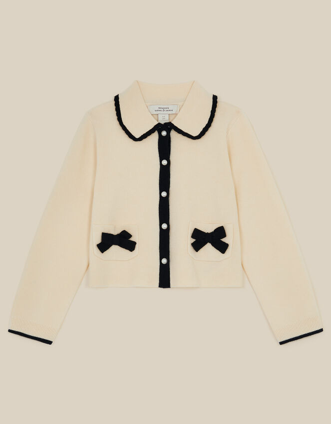 Monsoon x Queens of Archive Charlotte Collar Bow Contrast Cardigan, Ivory (IVORY), large