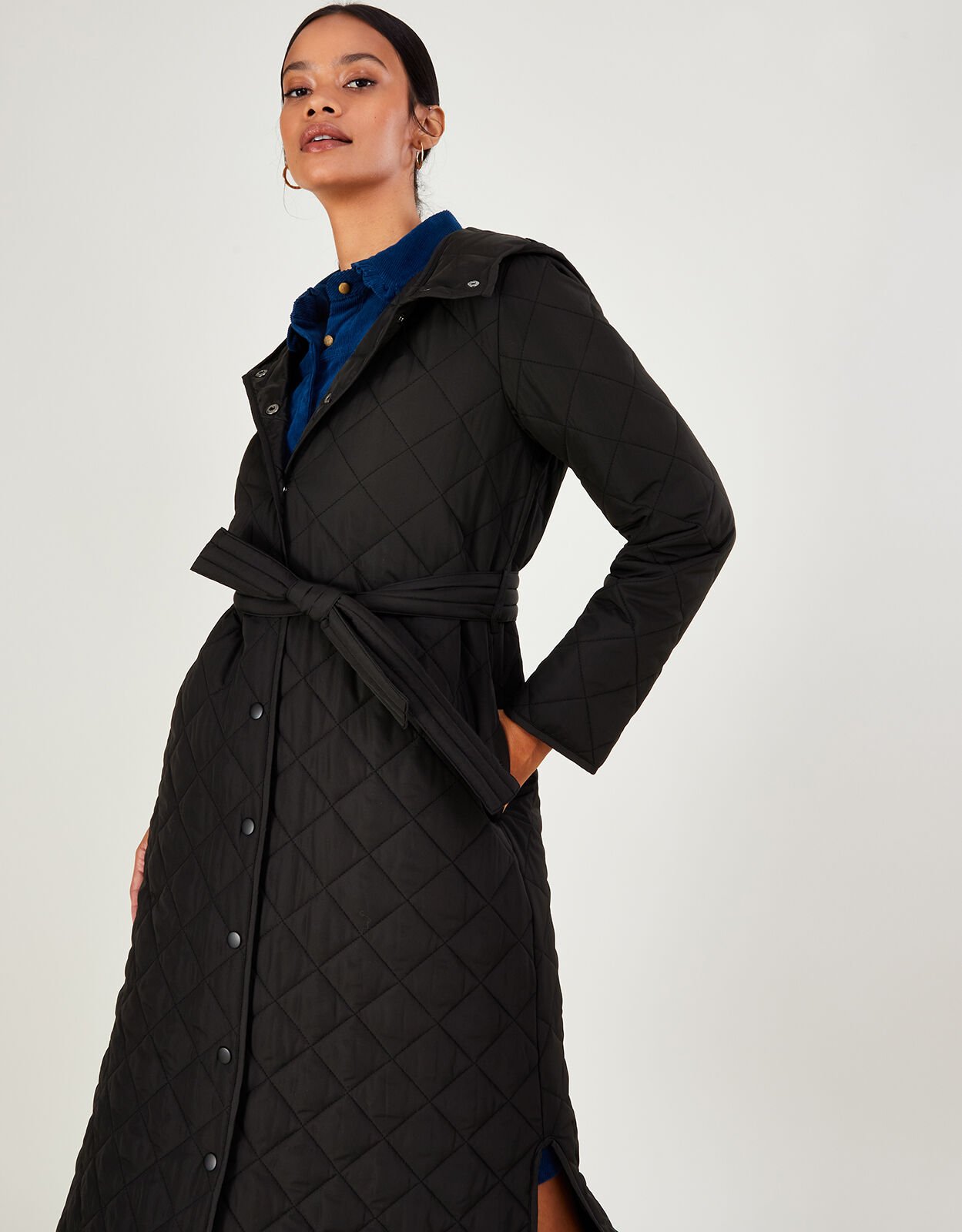 Quinn Quilted Hooded Longline Coat in Recycled Polyester Black
