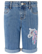 Elouise Sequin Unicorn Denim Shorts, Blue (BLUE), large