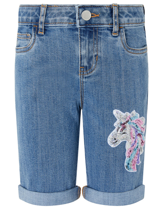 Elouise Sequin Unicorn Denim Shorts, Blue (BLUE), large