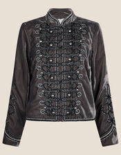 Vicki Embroidered Velvet Military Jacket, Grey (GREY), large