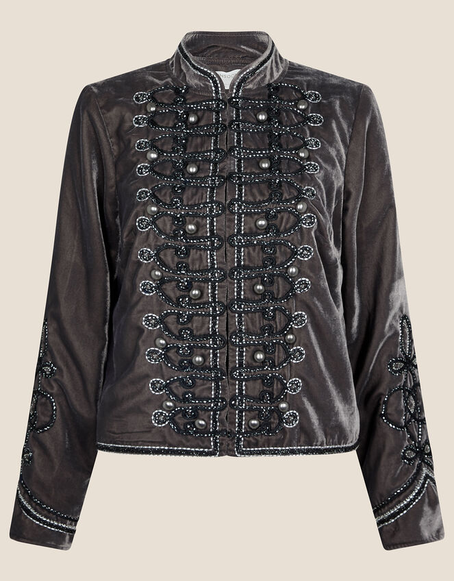 Vicki Embroidered Velvet Military Jacket, Grey (GREY), large