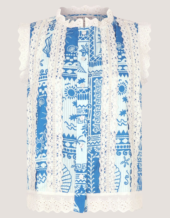 Soleil Print Lace Tank Top Blue