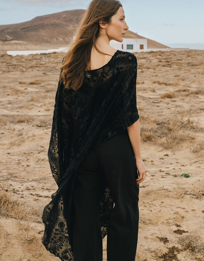 Traffic People Tallis Sheer Floral Poncho, Black (BLACK), large