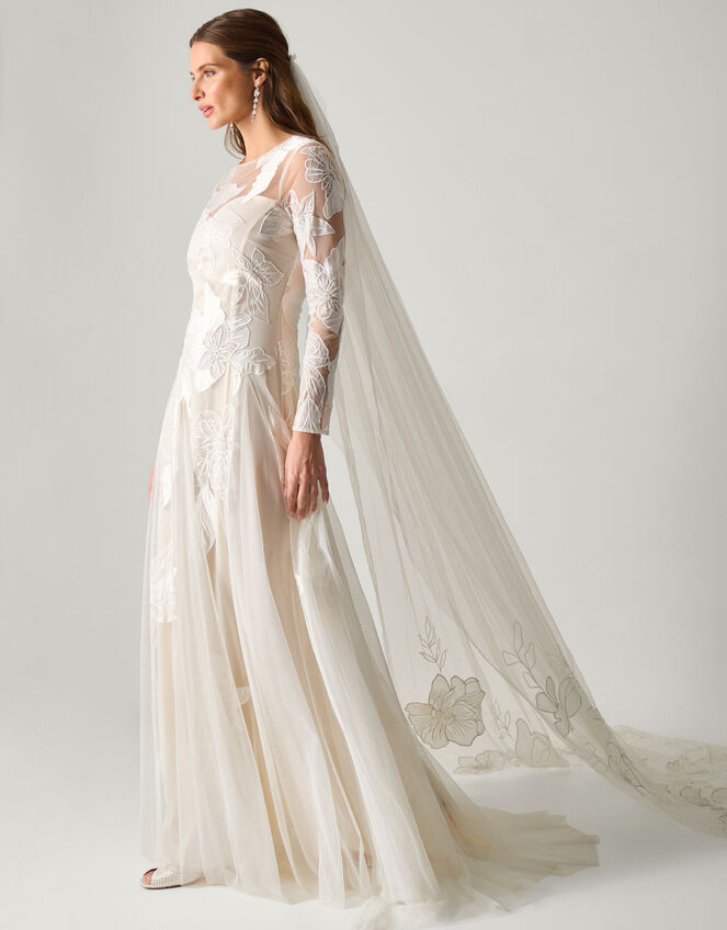 Milena Long Sleeve Floral Embroidered Mesh Wedding Dress, Ivory (IVORY), large