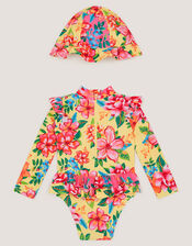 Baby Floral UPF50+ Swimsuit & Hat, Yellow (YELLOW), large