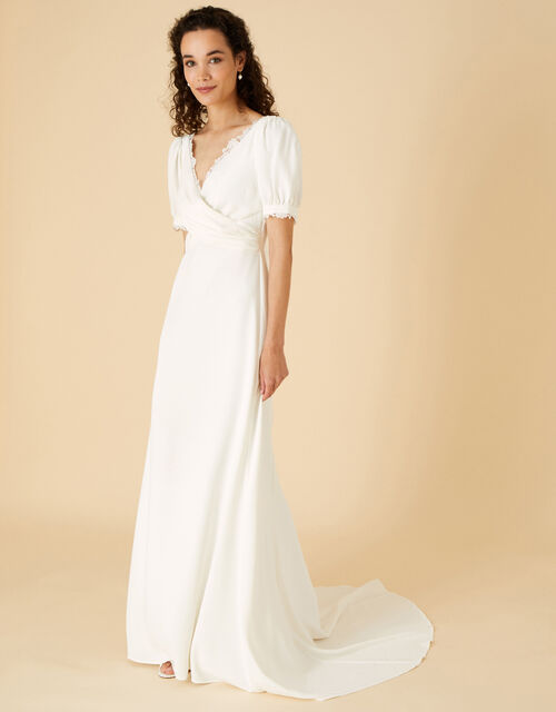 Sabrina Lace Wrap Crepe Bridal Dress, Ivory (IVORY), large