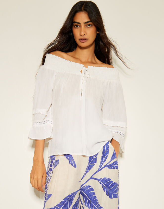 Ava Off-The-Shoulder Smock Top, White (WHITE), large