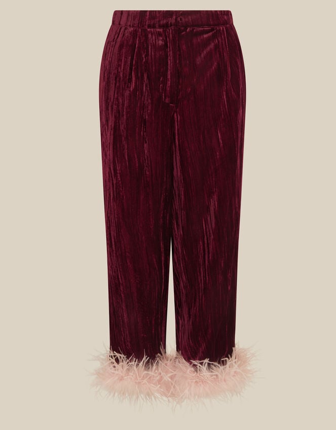 Emma Feather Cropped Crushed Velvet Trousers, Red (BURGUNDY), large