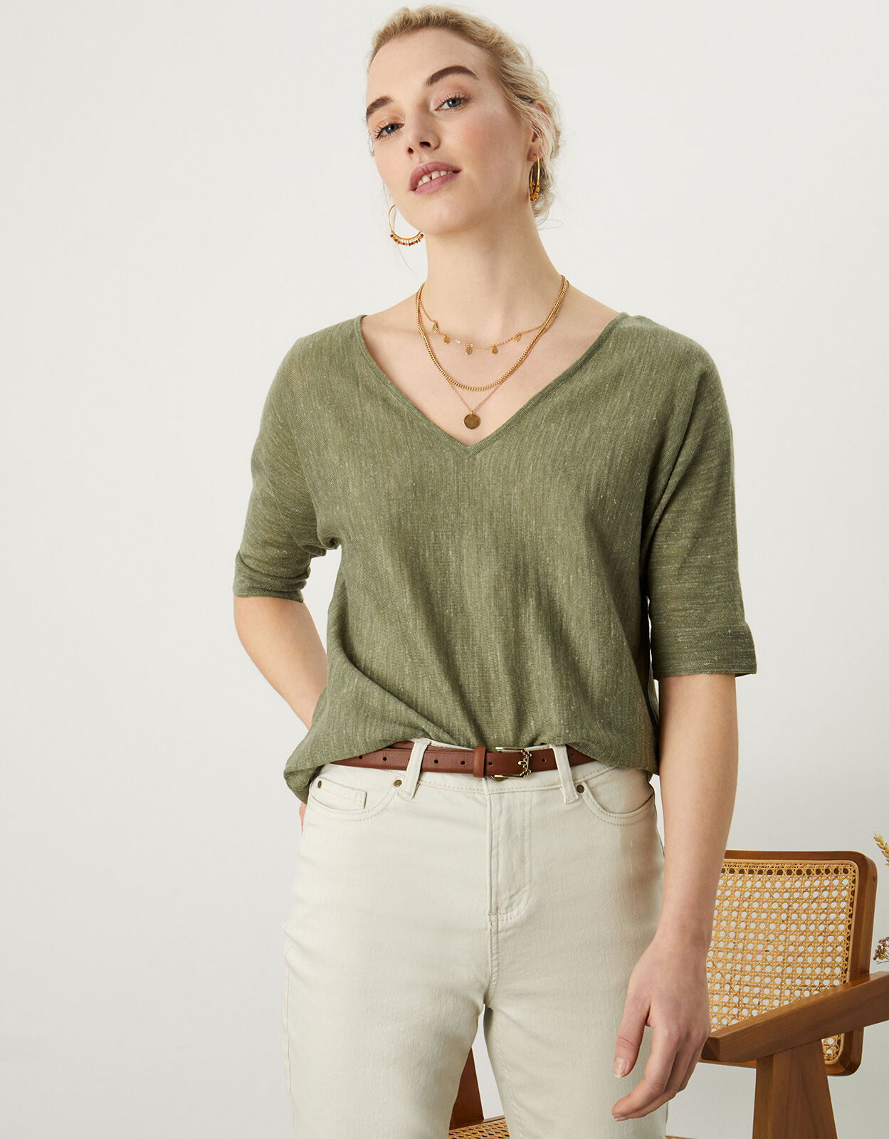 V-Neck T-Shirt Jumper in Linen Blend 