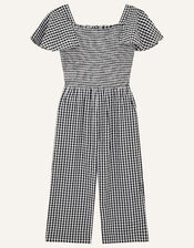 Gingham Shirred Jumpsuit , Black (BLACK), large