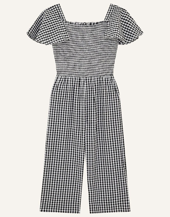 Gingham Shirred Jumpsuit , Black (BLACK), large
