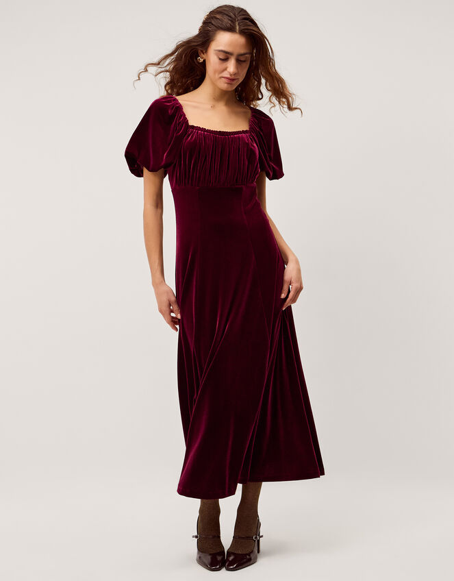 Cynthia Puff Sleeve Velvet Midi Dress, Red (BURGUNDY), large