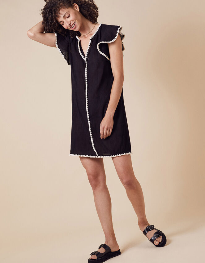 Lila Frill Sleeve Dress in Organic Cotton, Black (BLACK), large