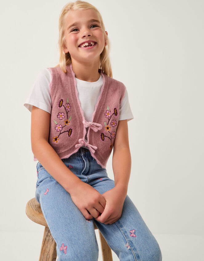 Rose Embroidered Knitted Waistcoat, Pink (PINK), large