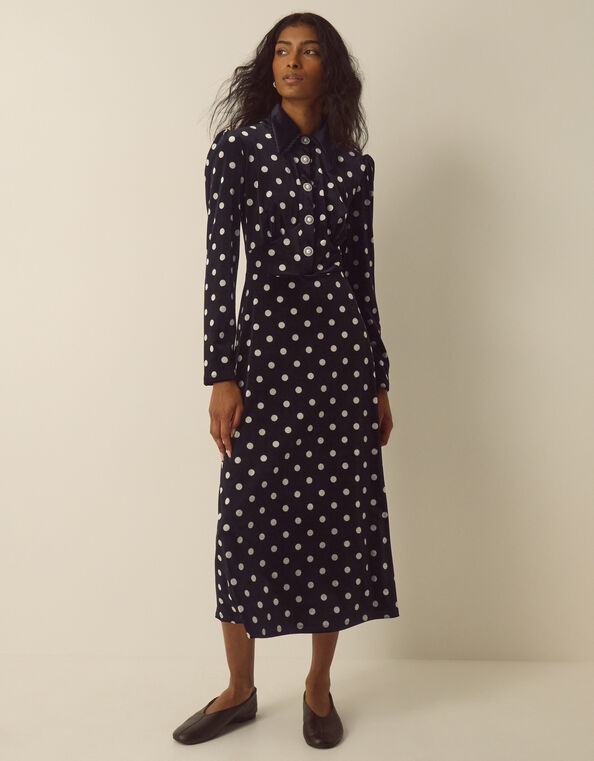 Shay Polka Dot Velvet Midi Dress, Black (BLACK), large