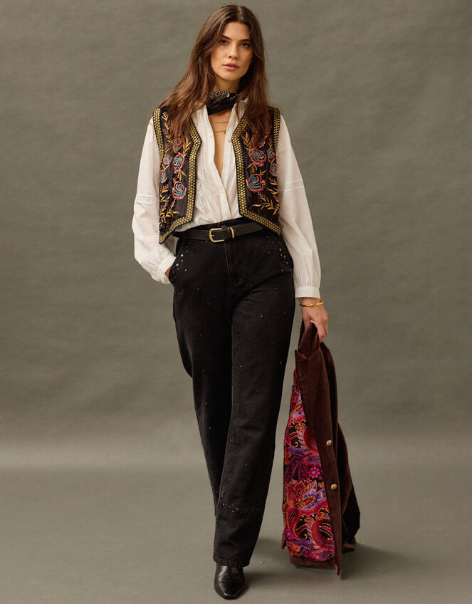 East Talia Velvet Embroidered Gilet, Black (BLACK), large