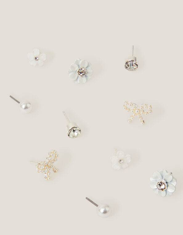 5-Pack Flower Pearl Stud Earrings, , large