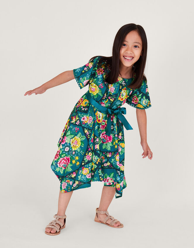 Patchwork Print Hanky Hem Dress, Teal (TEAL), large