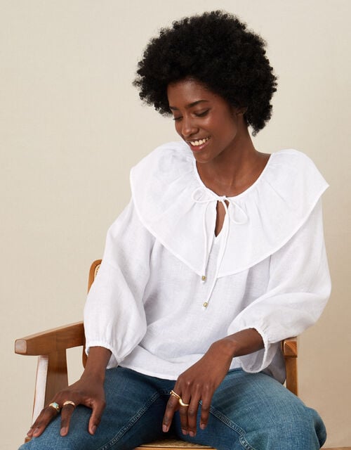 Frill Neck Top in Linen Gauze, Ivory (IVORY), large