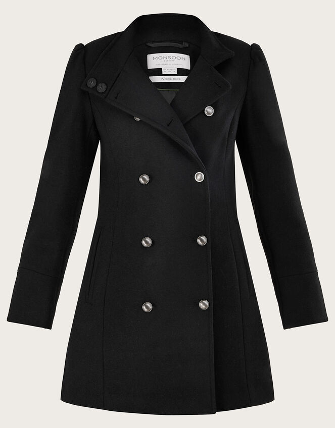 Diana Military Wool Pea Coat with Recycled Polyester Black