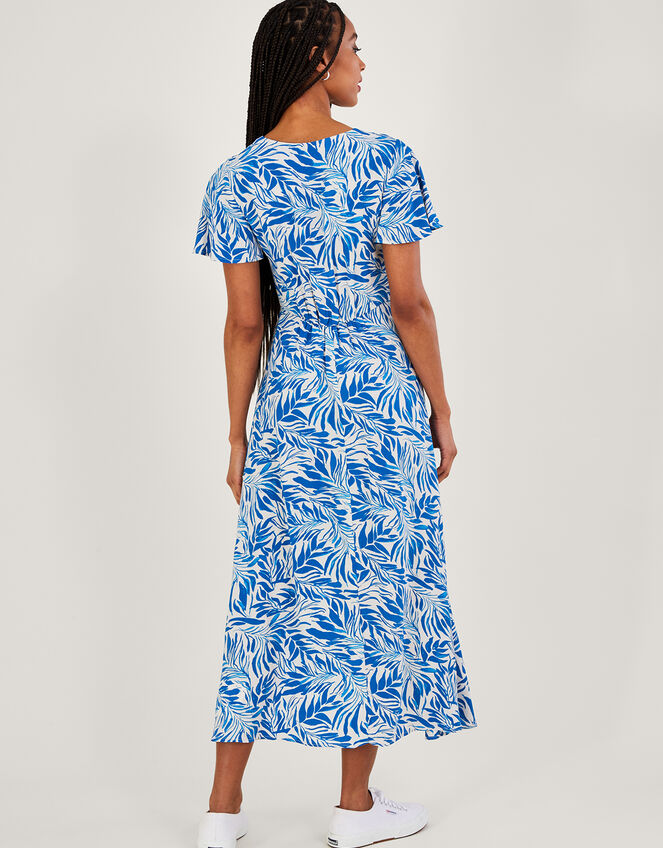 Florence Leaf Print Tea Dress in Sustainable Viscose, Blue (BLUE), large