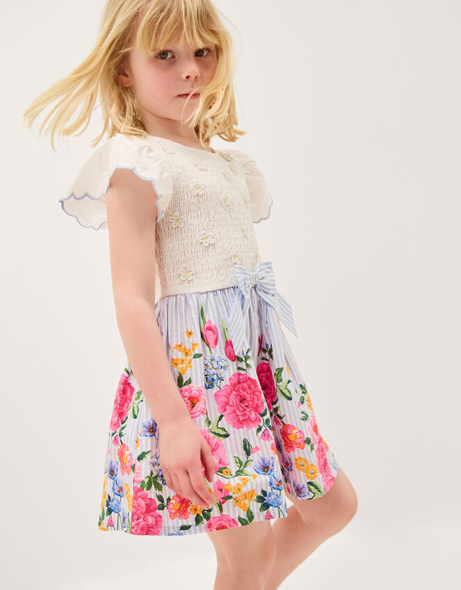 Floral Print Bow Shirred Playsuit, Blue (BLUE), large