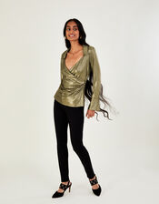 Angela Foil Wrap Blouse, Gold (GOLD), large