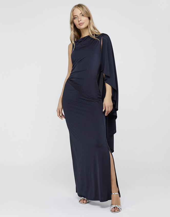 Ophelia One Shoulder Cape Maxi Dress, Blue (NAVY), large