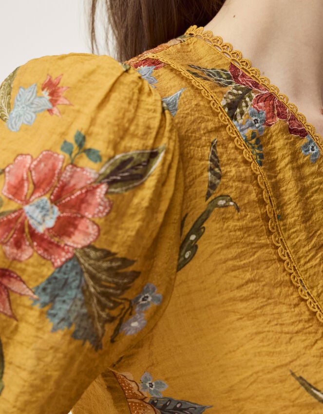 Rosaleigh V-Neck Floral Blouse, Yellow (OCHRE), large