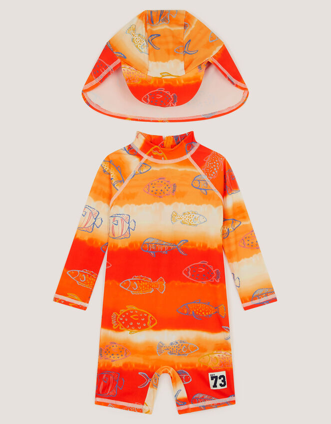 Fish Print UPF50+ Swimsuit & Sun Hat , Orange (ORANGE), large