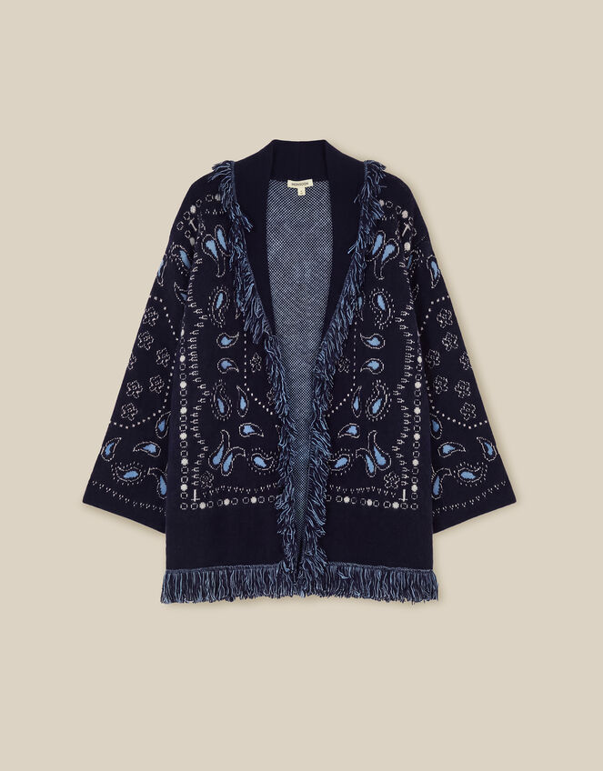 Payton Paisley Fringe Cardigan, Blue (NAVY), large