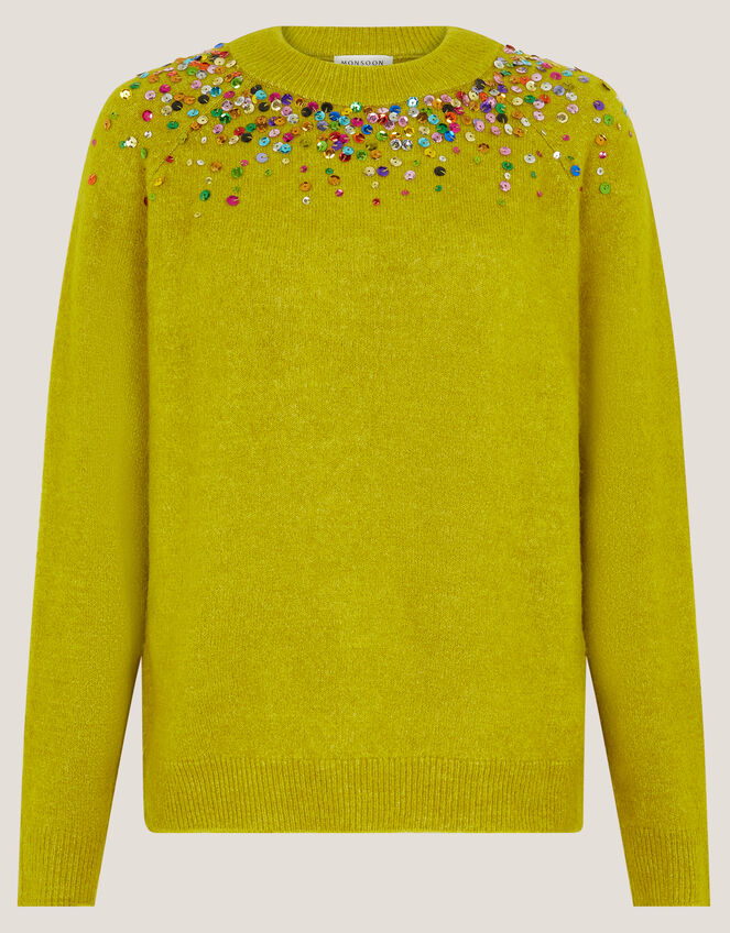 Samara Sequin Collar Jumper, Green (OLIVE), large