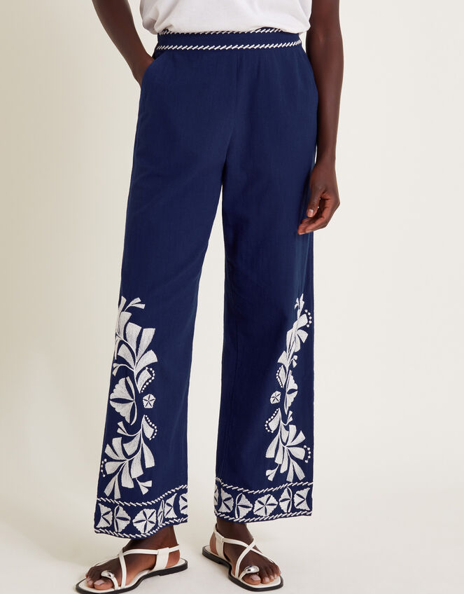 Ola Embroidered Wide Leg Trousers, Blue (NAVY), large