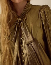Monsoon x Queens of Archive Debbie Tie Neck Metallic Blouson Blouse​, Gold (GOLD), large