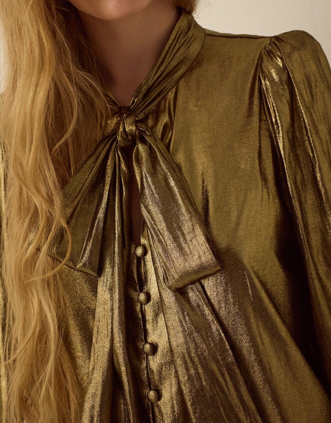 Monsoon x Queens of Archive Debbie Tie Neck Metallic Blouson Blouse​, Gold (GOLD), large