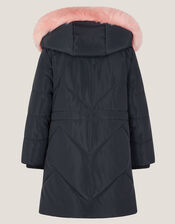 Hooded Faux Fur Puffer Coat, Blue (NAVY), large