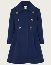Faux Fur Trim Military Style Coat, Blue (BLUE), large