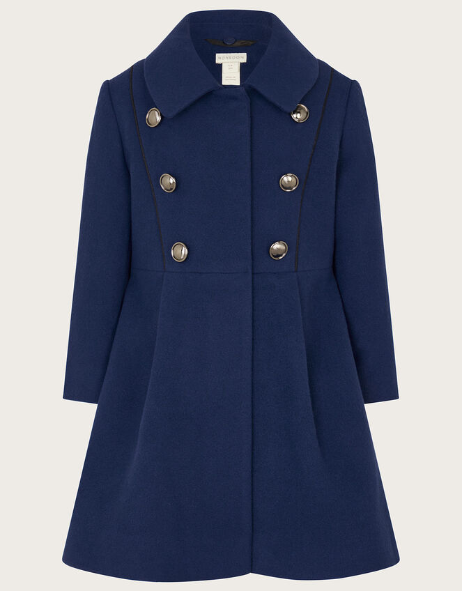 Faux Fur Trim Military Style Coat, Blue (BLUE), large