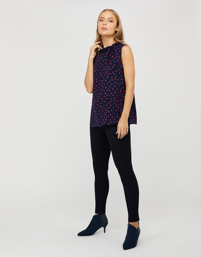 Tori Spot Tie Neck Sleeveless Blouse, Blue (NAVY), large