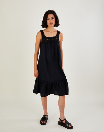 Crochet Trim Midi Dress in Sustainable Cotton Black, Black (BLACK), large